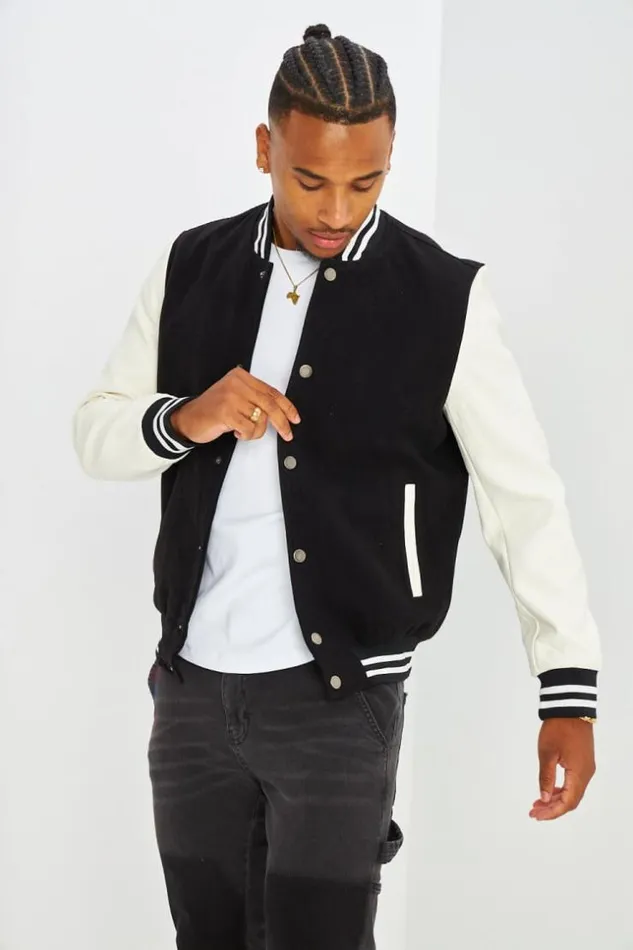 Men Bomber Noir En Simili Cuir Et Laine Black Brentiny Paris Jackets