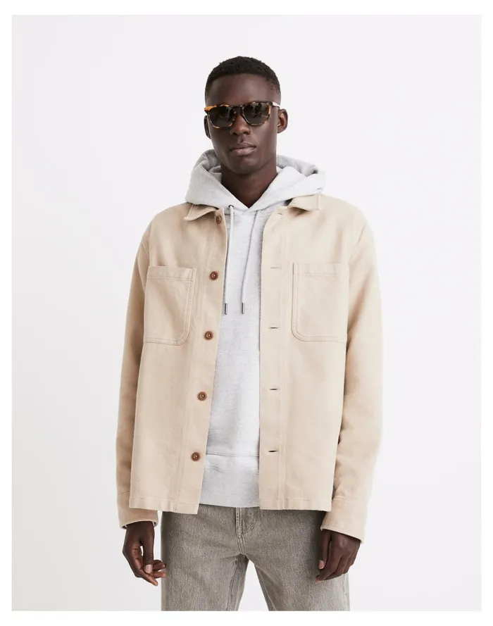 Men Boxy Shirt Jacket In Plaid Drill Khaki Madewell Jackets