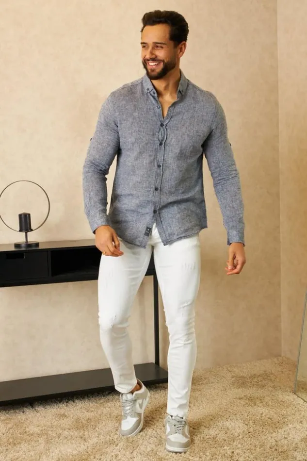 Men Chemise En Lin Gris Chin Manches Longues Grisclair Brentiny Paris Shirts