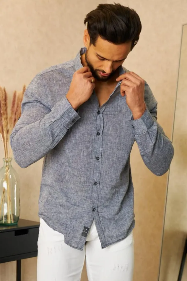 Men Chemise En Lin Gris Chin Manches Longues Grisclair Brentiny Paris Shirts