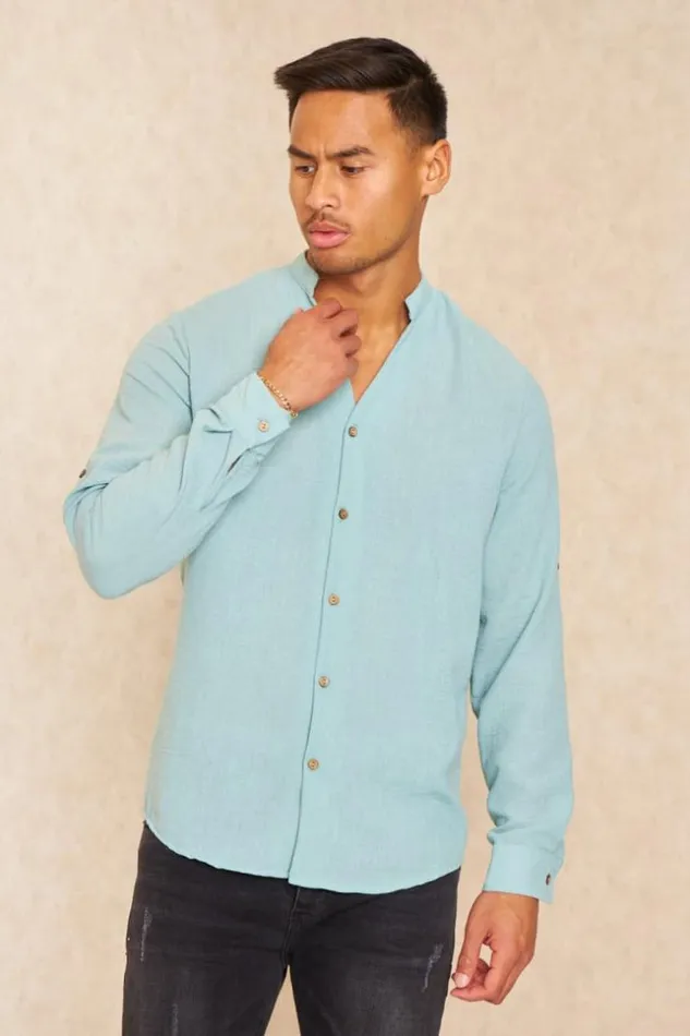 Men Chemise Fluide Col V Mao Texture Lin Vert D039eau Blue Brentiny Paris Shirts