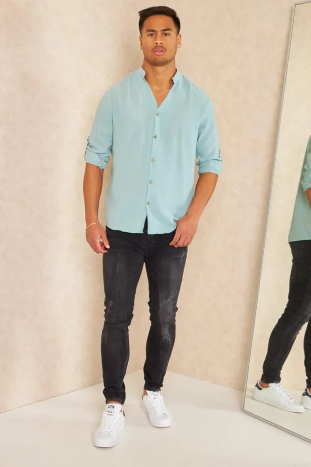 Men Chemise Fluide Col V Mao Texture Lin Vert D039eau Blue Brentiny Paris Shirts Men Chemise Fluide Col V Mao Texture Lin Vert D039eau Blue Brentiny Paris Shirts