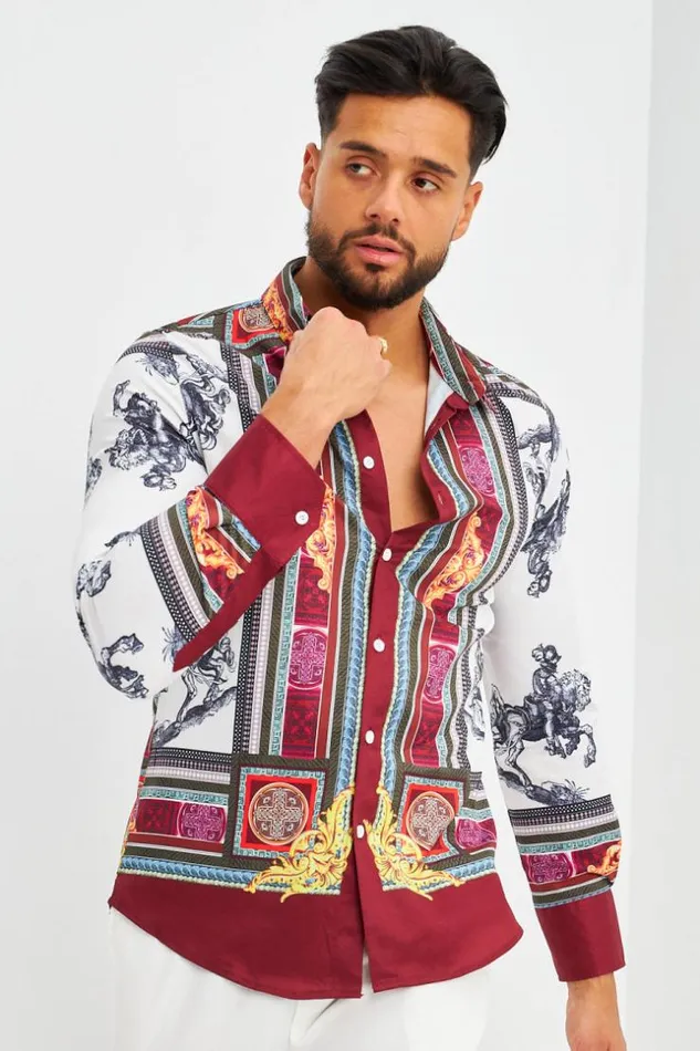 Men Chemise Rouge Et Blanche Motif Baroque Red Brentiny Paris Shirts