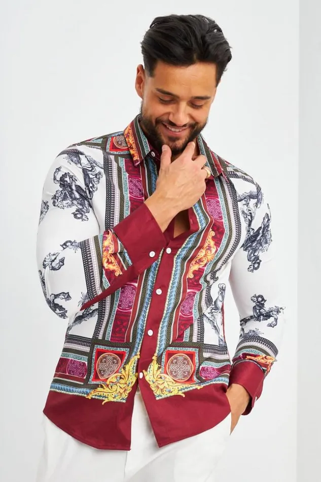Men Chemise Rouge Et Blanche Motif Baroque Red Brentiny Paris Shirts