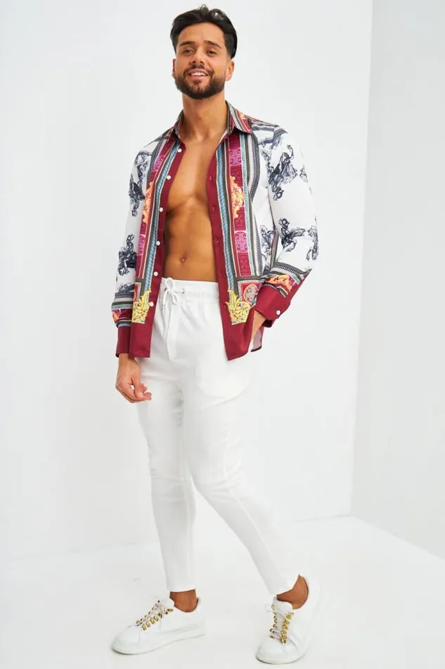 Men Chemise Rouge Et Blanche Motif Baroque Red Brentiny Paris Shirts