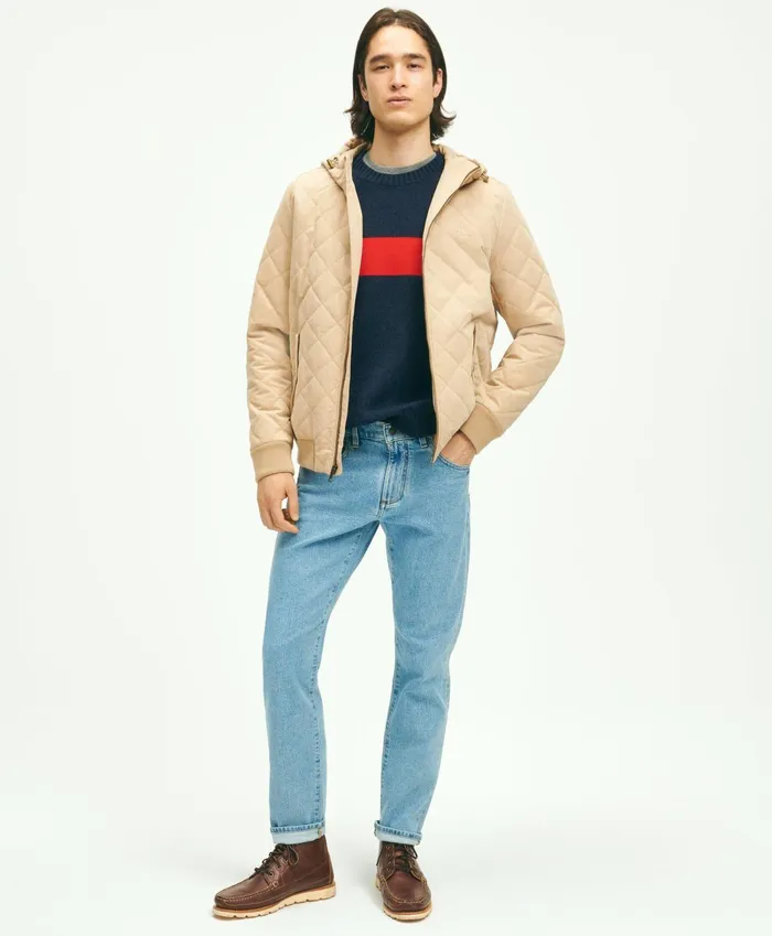 Men Cotton Blend Hooded Quilted Bomber Jacket Light Beige Brooks Brothers Coats and Jackets