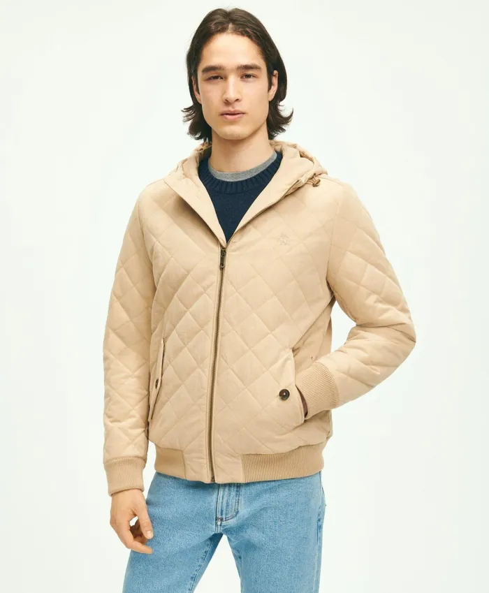 Men Cotton Blend Hooded Quilted Bomber Jacket Light Beige Brooks Brothers Coats and Jackets