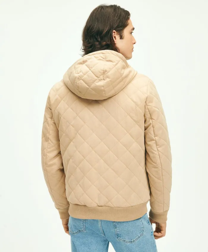 Men Cotton Blend Hooded Quilted Bomber Jacket Light Beige Brooks Brothers Coats and Jackets