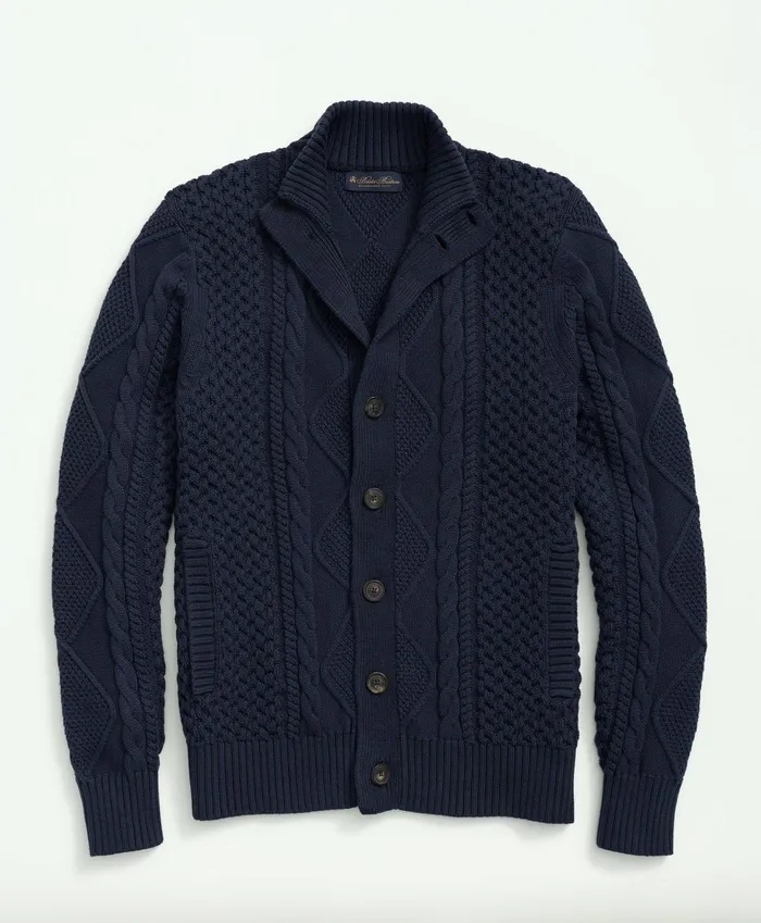 Men Cotton Stand Collar Aran Knit Cardigan Navy Brooks Brothers Sweaters