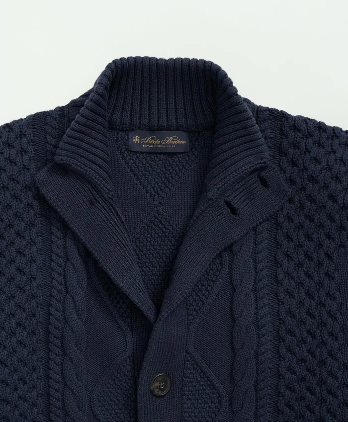 Men Cotton Stand Collar Aran Knit Cardigan Navy Brooks Brothers Sweaters