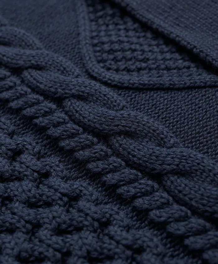 Men Cotton Stand Collar Aran Knit Cardigan Navy Brooks Brothers Sweaters