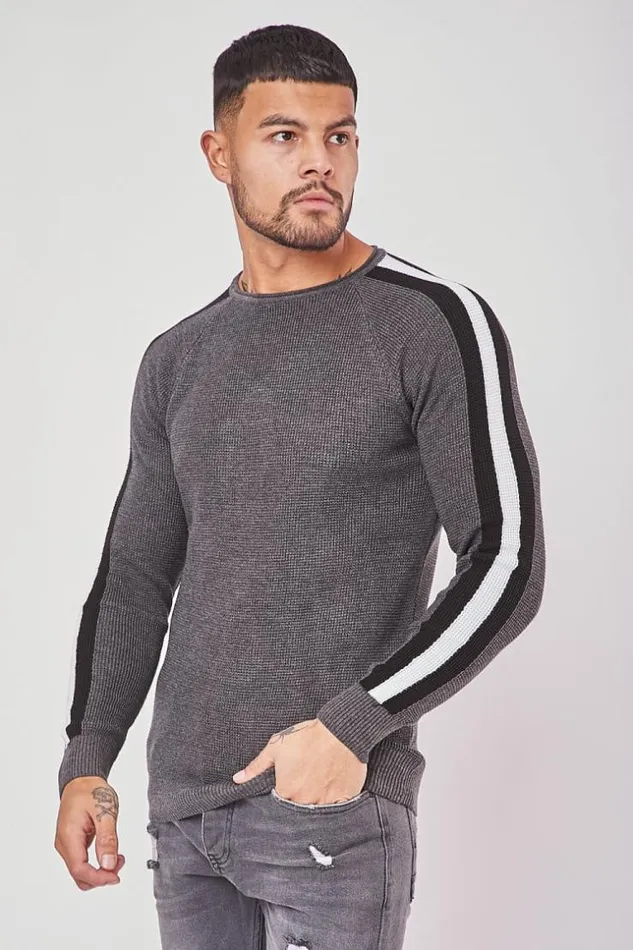 Men Dark Gray Jumper With Strips Grey Brentiny Paris Sweatshirts and Pullovers