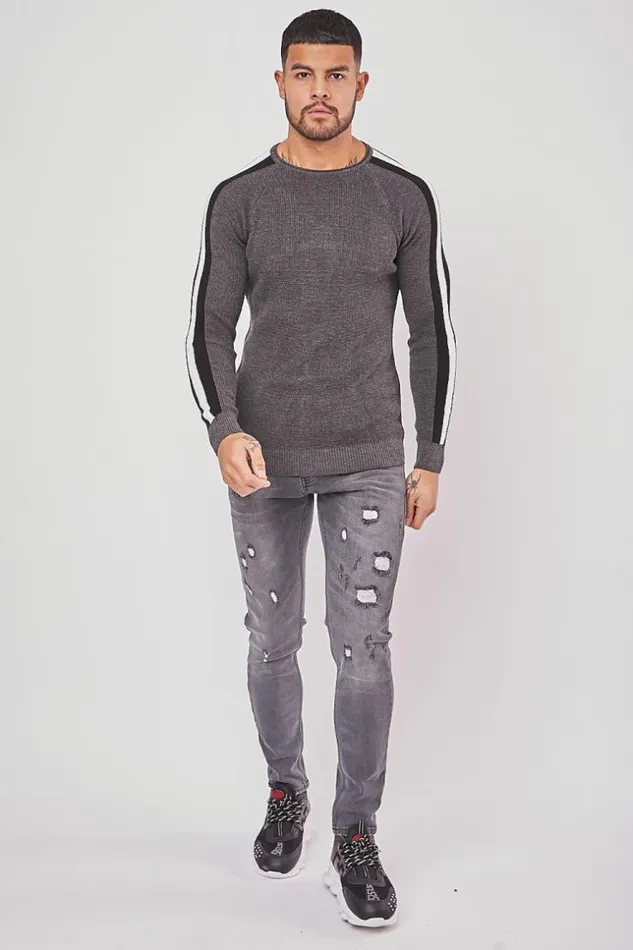 Men Dark Gray Jumper With Strips Grey Brentiny Paris Sweatshirts and Pullovers