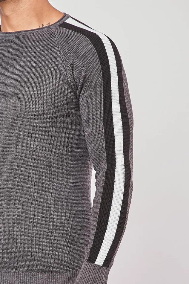 Men Dark Gray Jumper With Strips Grey Brentiny Paris Sweatshirts and Pullovers