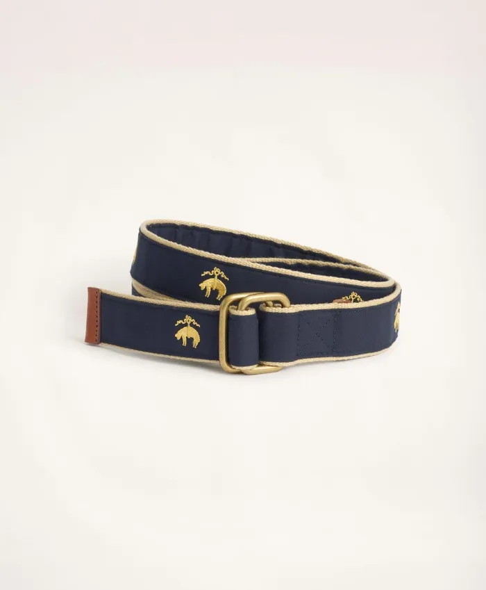 Men Embroidered Leather Tab DRing Belt Navy Brooks Brothers Belts