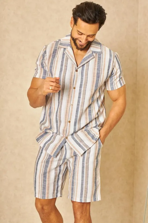 Men Ensemble 2 Pices Chemise Short En Toile Rayures Beige Brentiny Paris Top Bottom Sets