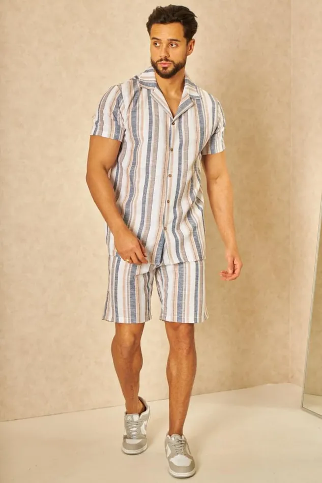 Men Ensemble 2 Pices Chemise Short En Toile Rayures Beige Brentiny Paris Top Bottom Sets