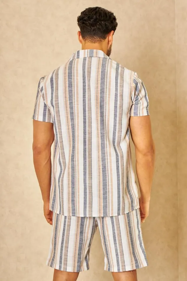 Men Ensemble 2 Pices Chemise Short En Toile Rayures Beige Brentiny Paris Top Bottom Sets