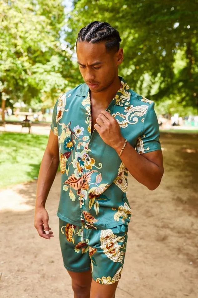 Men Ensemble 2 Pices Chemise Short Vert Motif Fleuri Green Brentiny Paris Top Bottom Sets Men Ensemble 2 Pices Chemise Short Vert Motif Fleuri Green Brentiny Paris Top Bottom Sets