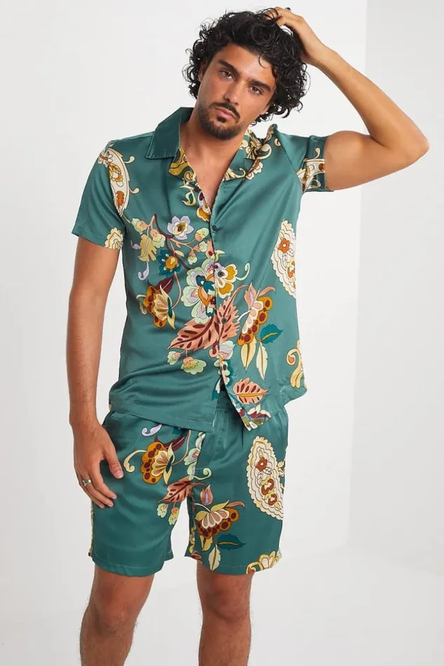 Men Ensemble 2 Pices Chemise Short Vert Motif Fleuri Green Brentiny Paris Top Bottom Sets Men Ensemble 2 Pices Chemise Short Vert Motif Fleuri Green Brentiny Paris Top Bottom Sets
