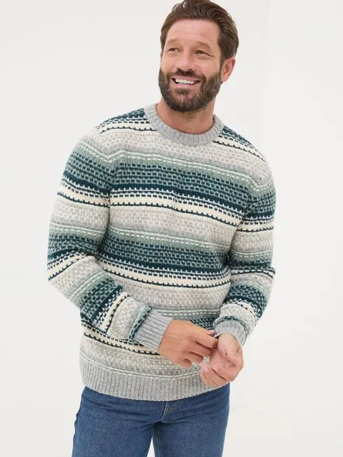 Men Fatface Knitwear Calder Dark Teal Stripe Knitted Jumper