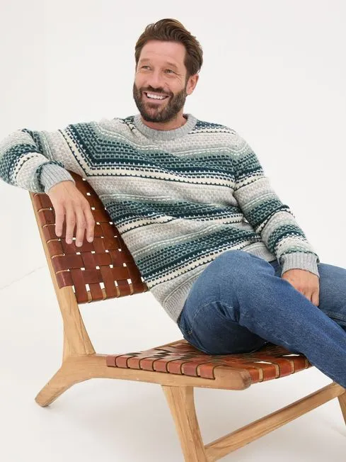 Men Fatface Knitwear Calder Dark Teal Stripe Knitted Jumper Men Fatface Knitwear Calder Dark Teal Stripe Knitted Jumper