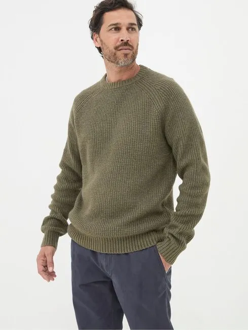 Men Fatface Knitwear Calder Khaki Green Crew Neck Jumper