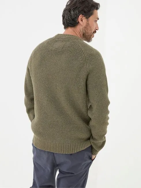 Men Fatface Knitwear Calder Khaki Green Crew Neck Jumper