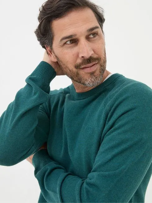 Men Fatface Knitwear Rye Teal Blue Cotton Cashmere Crew Neck Jumper
