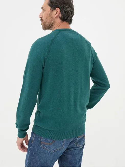 Men Fatface Knitwear Rye Teal Blue Cotton Cashmere Crew Neck Jumper