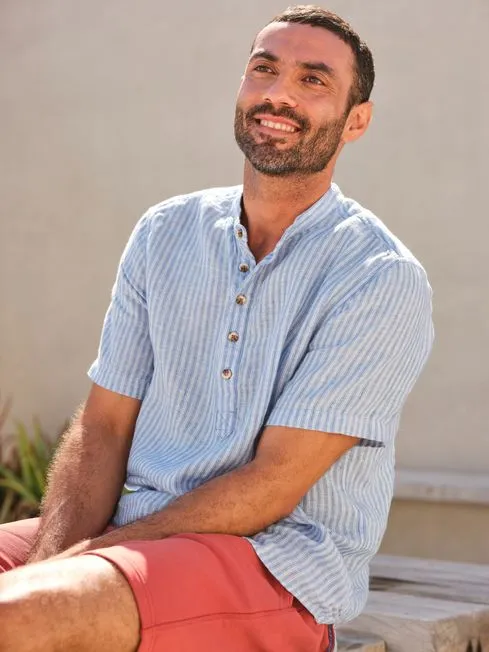 Men Fatface Shirts Blue Popover Stripe Linen Shirt