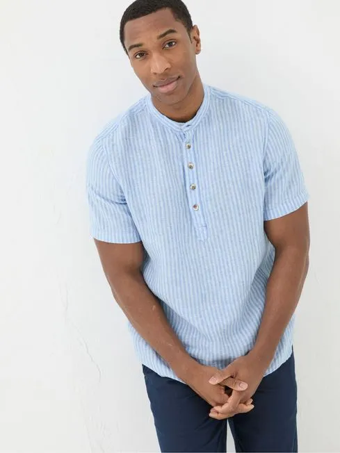 Men Fatface Shirts Blue Popover Stripe Linen Shirt