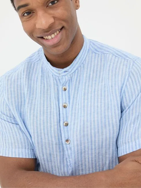 Men Fatface Shirts Blue Popover Stripe Linen Shirt