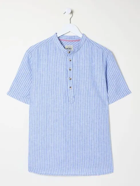 Men Fatface Shirts Blue Popover Stripe Linen Shirt