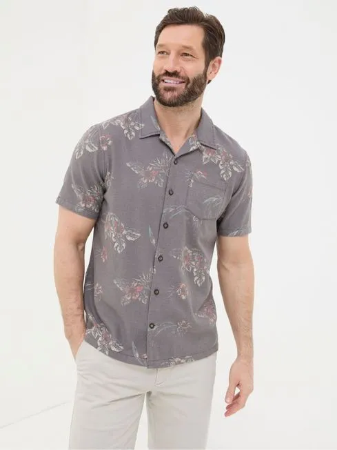 Men Fatface Shirts Brown Short Sleeve Hibiscus Print Shirt