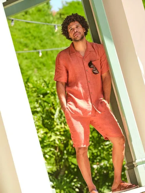 Men Fatface Shirts Orange Short Sleeve Linen Shirt