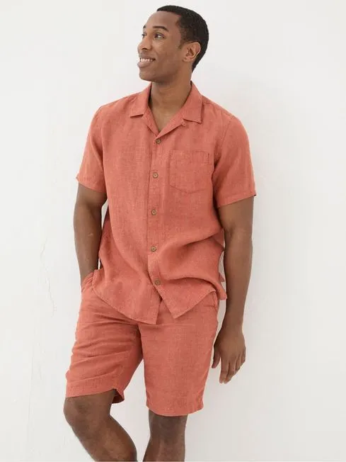 Men Fatface Shirts Orange Short Sleeve Linen Shirt