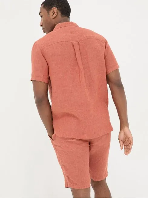 Men Fatface Shirts Orange Short Sleeve Linen Shirt