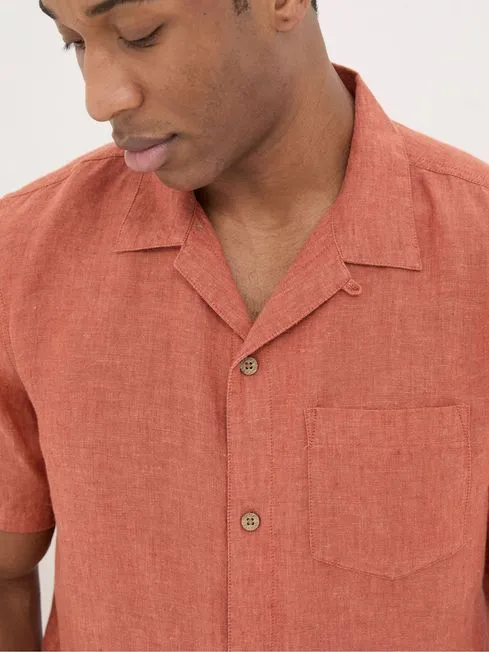 Men Fatface Shirts Orange Short Sleeve Linen Shirt