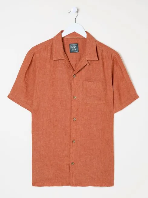 Men Fatface Shirts Orange Short Sleeve Linen Shirt