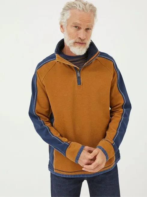 Men Fatface Sweatshirts and Hoodies Yellow Airlie Fleece Collared Sweat Top