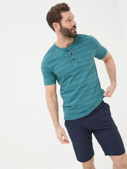 Men Fatface TShirts Blue Short Sleeve Stripe Henley TShirt