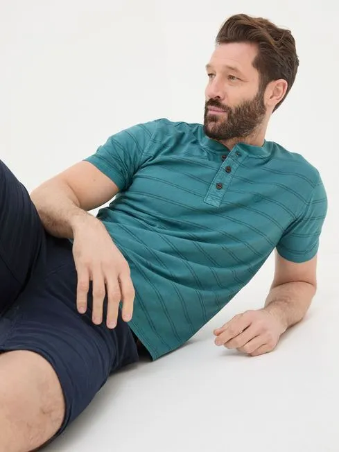 Men Fatface TShirts Blue Short Sleeve Stripe Henley TShirt