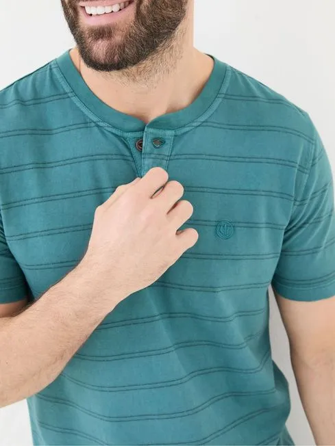 Men Fatface TShirts Blue Short Sleeve Stripe Henley TShirt