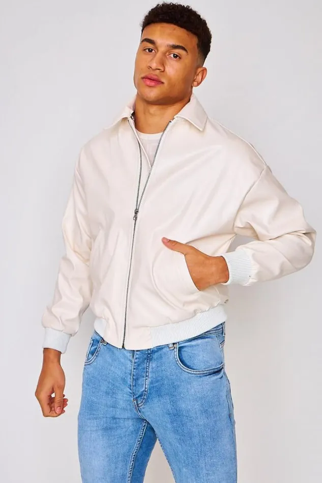 Men Faux Leather Bomber Jacket In Beige Beige Brentiny Paris Jackets