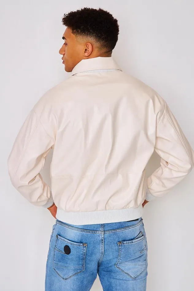 Men Faux Leather Bomber Jacket In Beige Beige Brentiny Paris Jackets