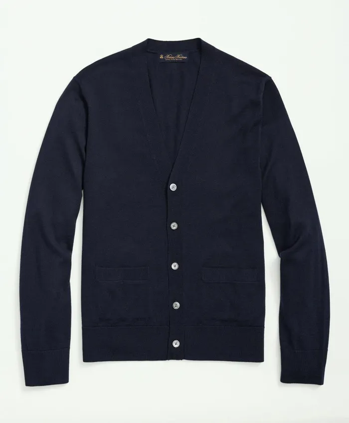 Men Fine Merino Wool Cardigan Sweater Navy Brooks Brothers Sweaters
