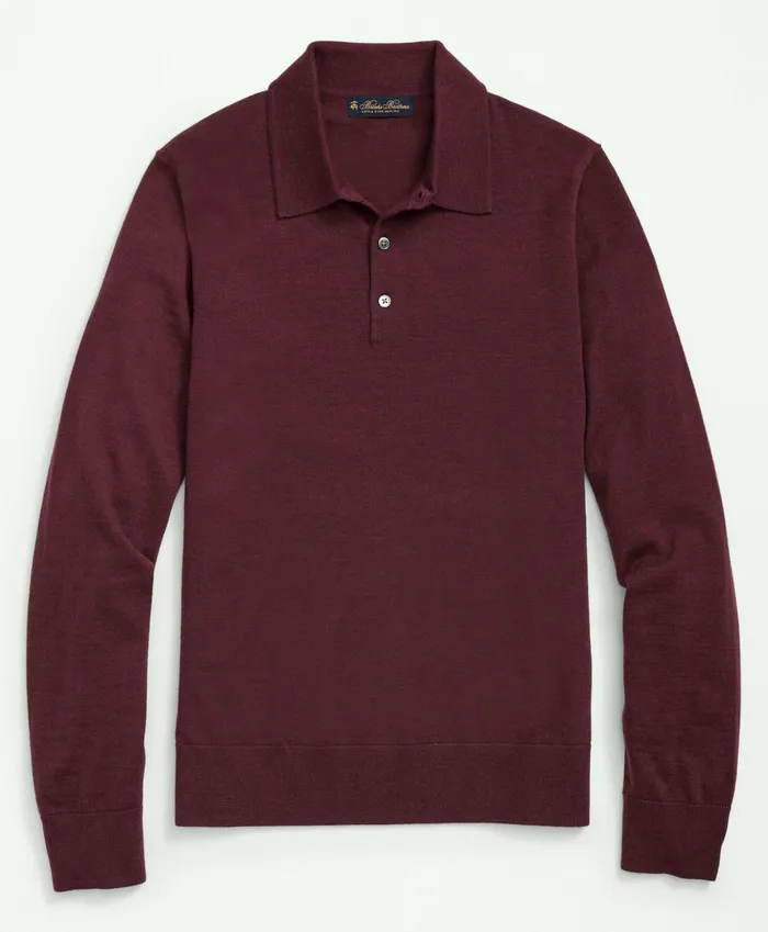 Men Fine Merino Wool Sweater Polo Burgundy Brooks Brothers Sweaters