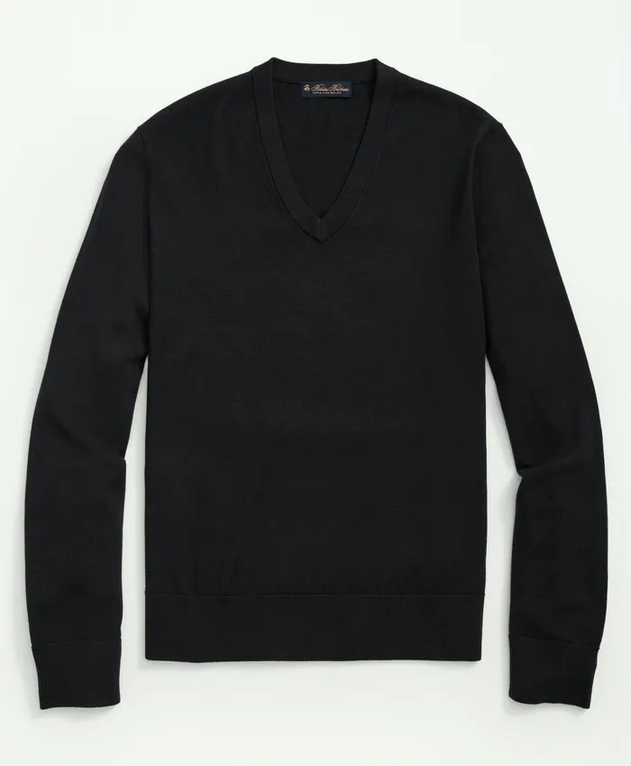 Men Fine Merino Wool VNeck Sweater Black Brooks Brothers Sweaters