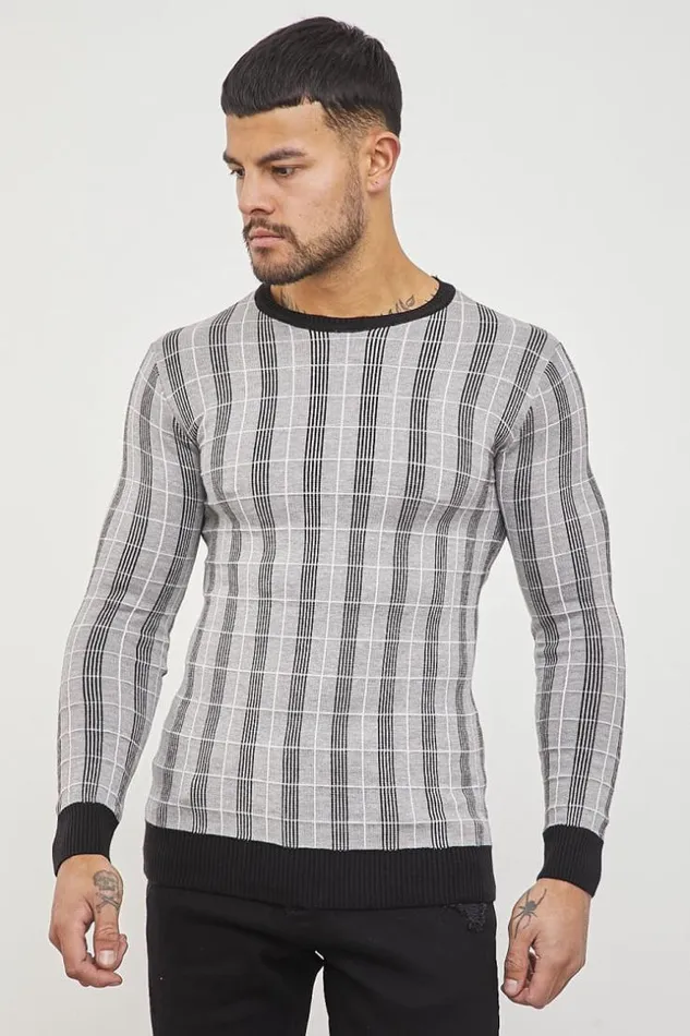 Men Gray Check Print Sweater Grey Brentiny Paris Sweatshirts and Pullovers